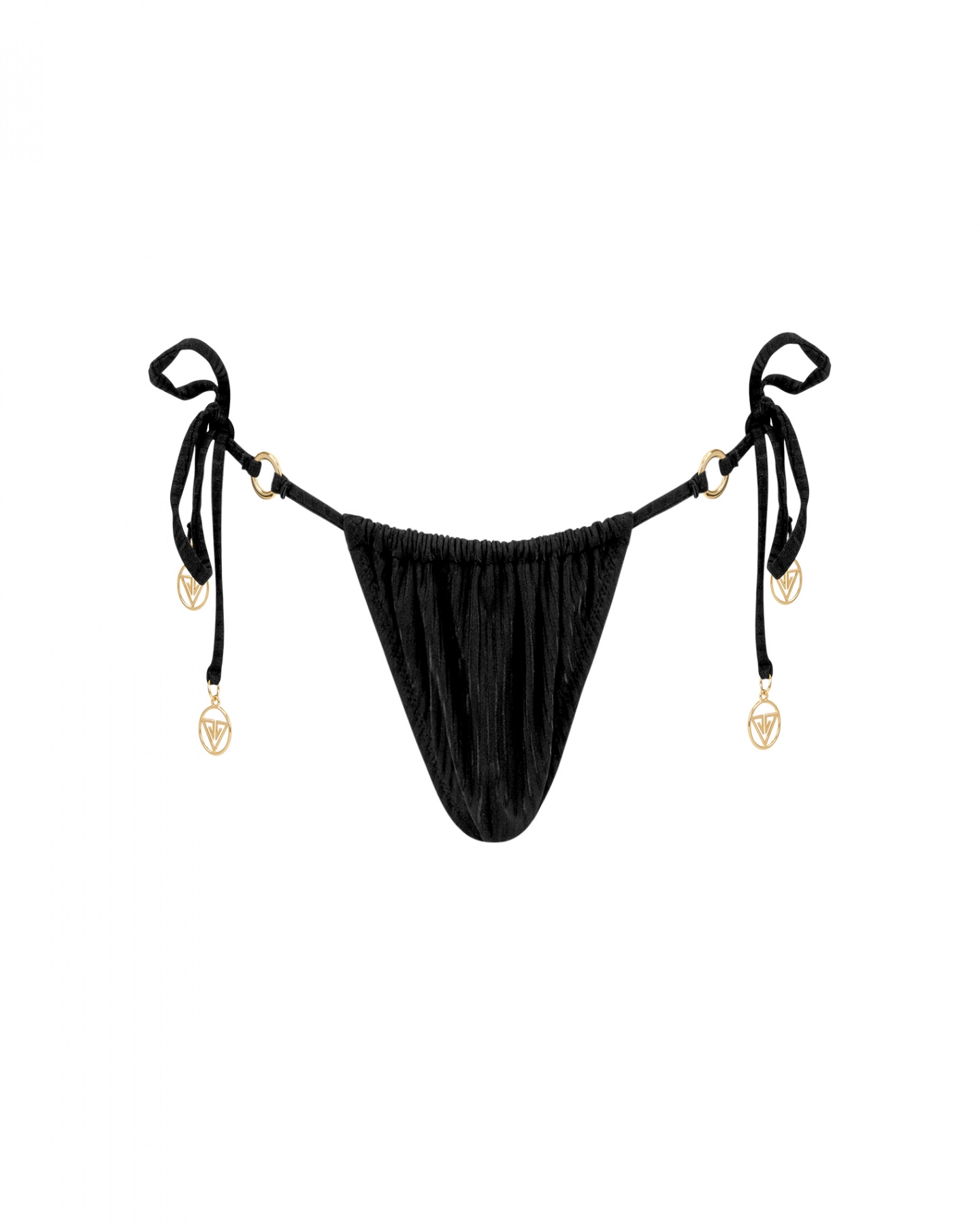 Black Striped Side Tie Ruched Thong Low Rise Bikini Bottom Xs
